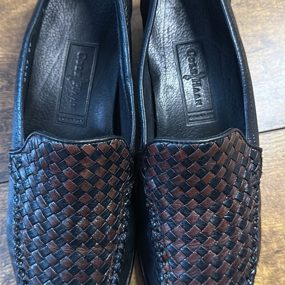 Cole Haan Woven Leather Loafers Vintage Black & Brown Slip-On Dress Shies Sz 7.5